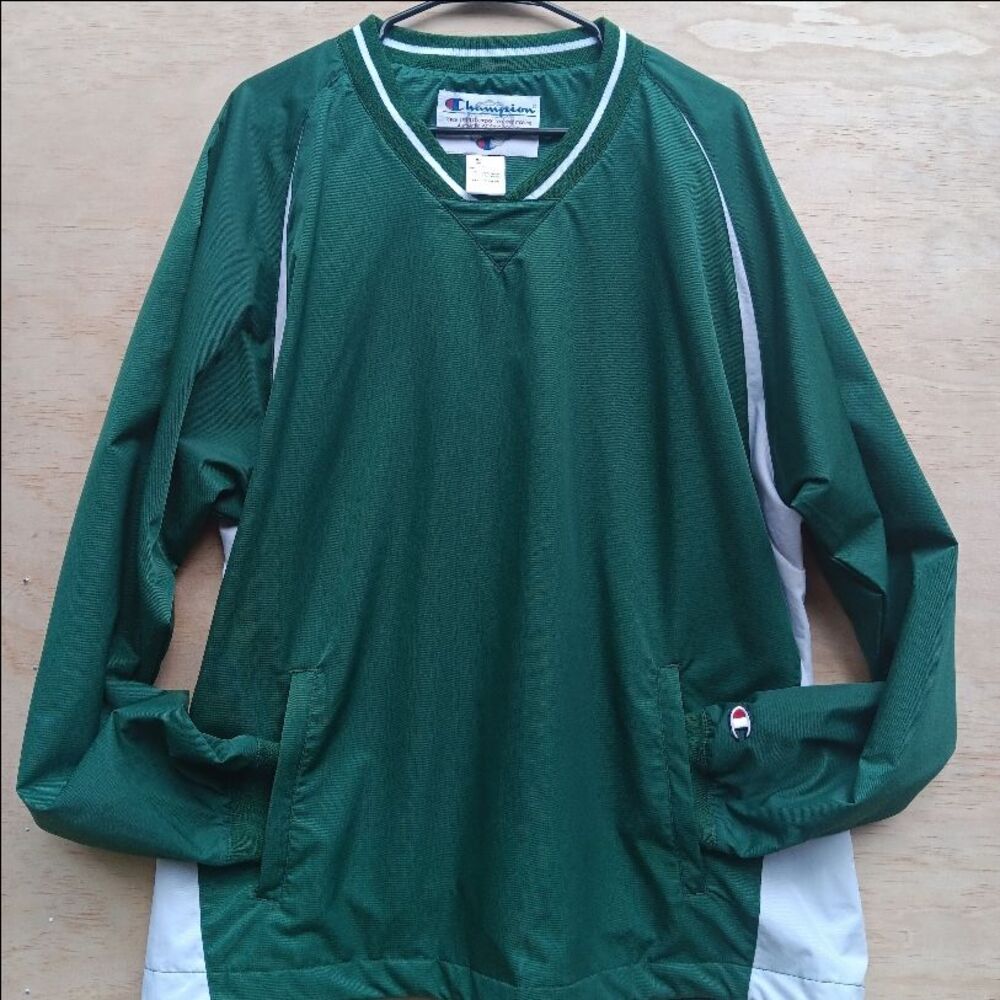Champion Mens Large Pullover Jacket Green Vintage Windbreaker White Accents